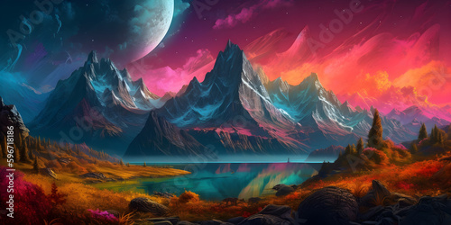 sunset in the mountains, dark sunset over landscape oil painting with giant snow covered mountain in the background and lush forest with waterfalls in the foreground, Generative AI