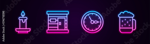 Set line Aroma candle, Sauna wooden bathhouse, clock and Wooden beer mug. Glowing neon icon. Vector