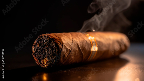 A Close-up of Cuban cigar with smoke on a black background. generative ai.