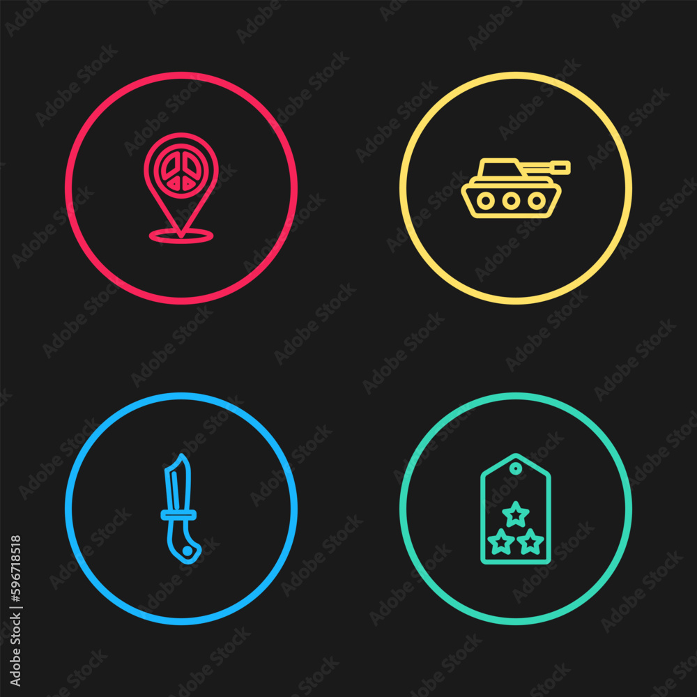 Set line Military knife, rank, tank and Location peace icon. Vector