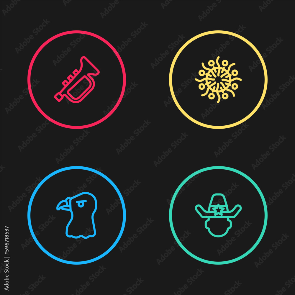 Set line Eagle head, Sheriff cowboy, Firework and Trumpet icon. Vector