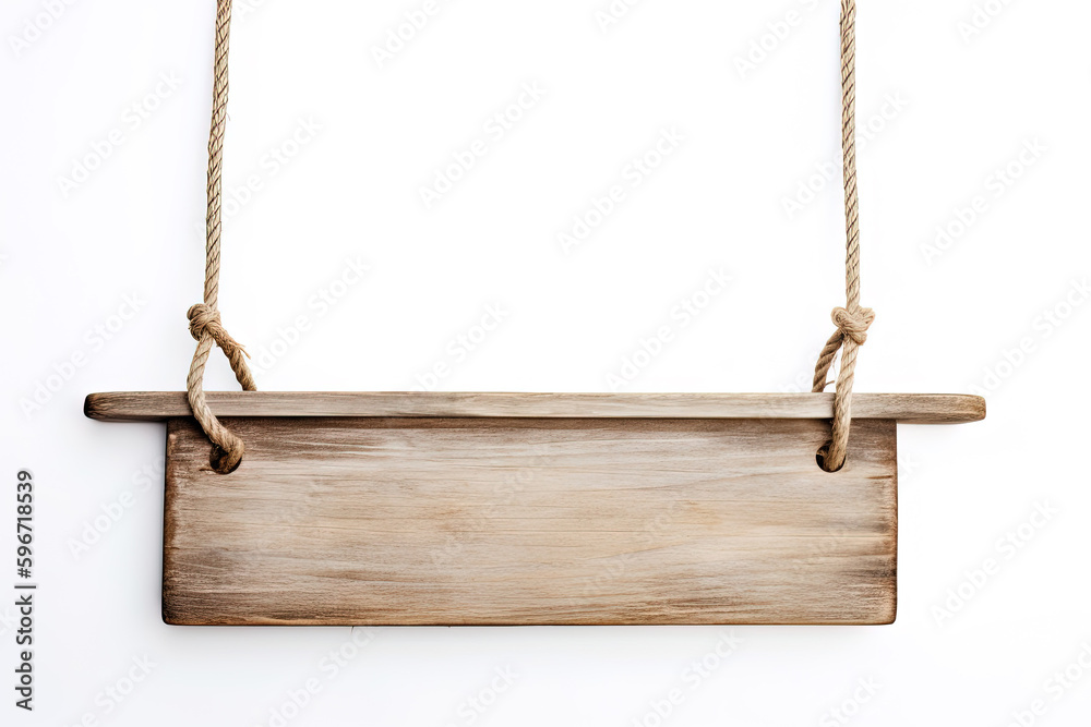 Wooden sign plain hanging from rope isolated on white background. Created with Generative AI Technology Wooden sign plain hanging from rope isolated on white background. Created with Generative AI Technology