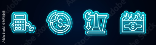 Set line Calculation of expenses, Dollar rate decrease, Drop in crude oil price and Burning dollar bill. Glowing neon icon. Vector