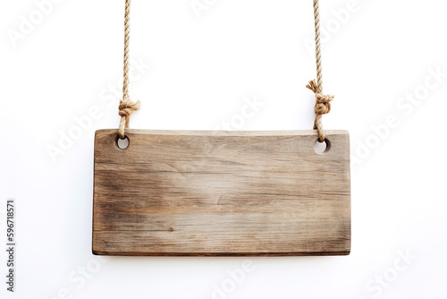 Wooden sign plain hanging from rope isolated on white background. Created with Generative AI Technology