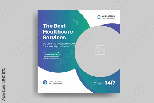 Medical social media post template. Modern banner design with blue color ribbon decoration and place for the photo. Suitable for social media, websites, flyers, and banners.