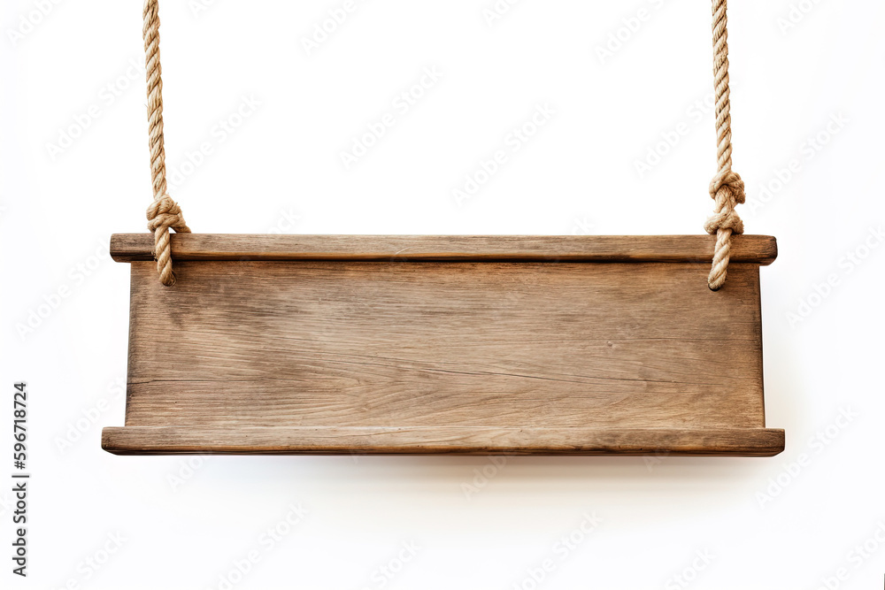 Wooden sign plain hanging from rope isolated on white background. Created with Generative AI Technology Wooden sign plain hanging from rope isolated on white background. Created with Generative AI Technology