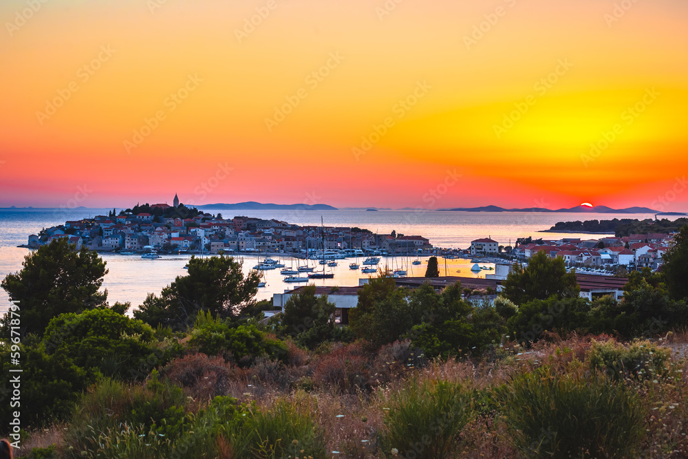 Adriatic tourist destination of Primosten archipelago sunset view