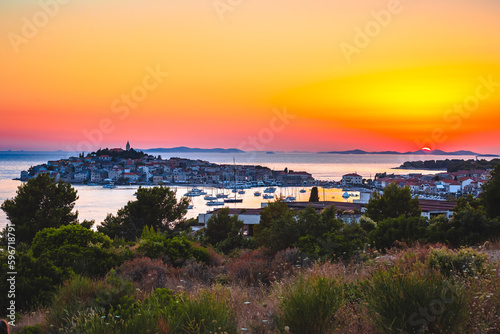 Adriatic tourist destination of Primosten archipelago sunset view © xbrchx