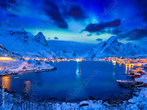 Reine village at night. Lofoten islands, Norway