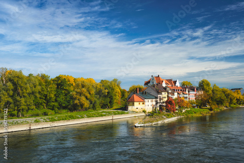 Houses along Danube River. Regensburg, Bavaria, Germany