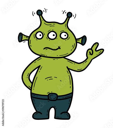 Cute green alien in doodle cartoon style, peace sign