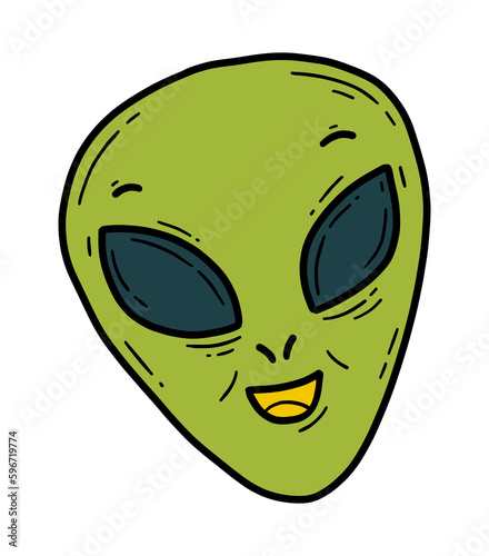 The face of a kind green alien in doodle cartoon style