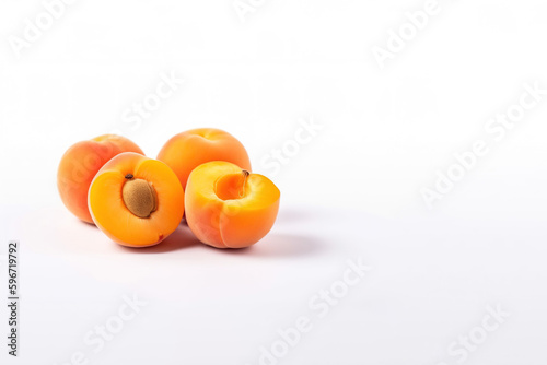 Fresh whole and sliced peaches apricots isolated on white background with copy space. Created with Generative AI Technology