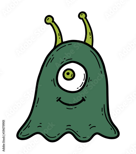 Cute smiley green alien in doodle cartoon style