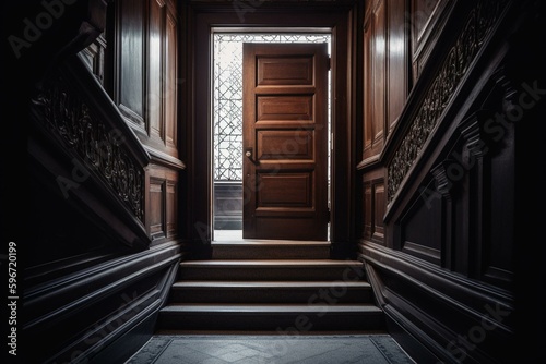 Image of staircase leading to a door. Generative AI © Meliora