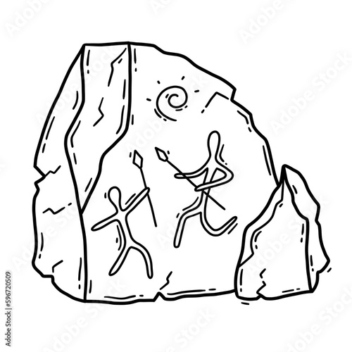 A stone with a cave painting, image of Neanderthals and primitive people. Hunters with spears in the Stone Age vector linear icon in doodle sketch style. Parietal Petroglyphic art