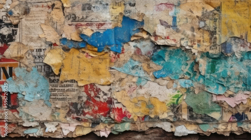 Background texture and surface of torn paper in different colors on a street wall. Generative AI © Margo_Alexa