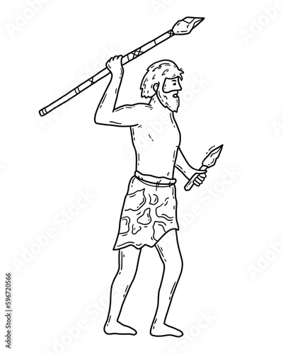 Neanderthal, male caveman with a spear, vector illustration in doodle sketch style. A primitive hunter from the Stone Age with animal fur.