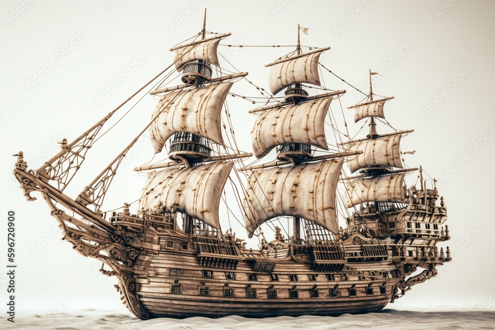 Fototapeta premium Illustration of pirate ship with cannons on white background for kids. Generative AI