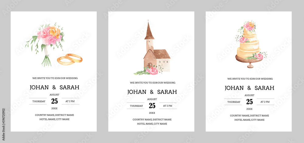 Set of watercolor wedding postcards illustrations - isolated hand drawn on white background romantic postcard invitation templates