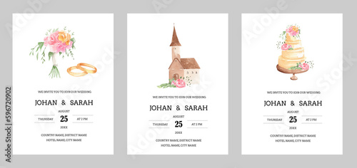 Set of watercolor wedding postcards illustrations - isolated hand drawn on white background romantic postcard invitation templates