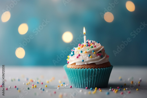 A cupcake with a lit candle sits on a table with a blue background.