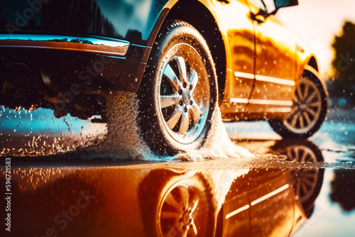 Close up of car washing it's tires with yellow car in the background. Generative AI.