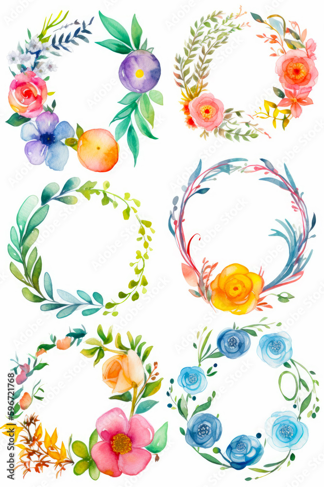 Set of watercolor floral wreaths and wreaths with flowers and leaves. Generative AI.