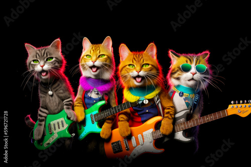 Group of cats that are standing next to each other with guitars in their hands. Generative AI.