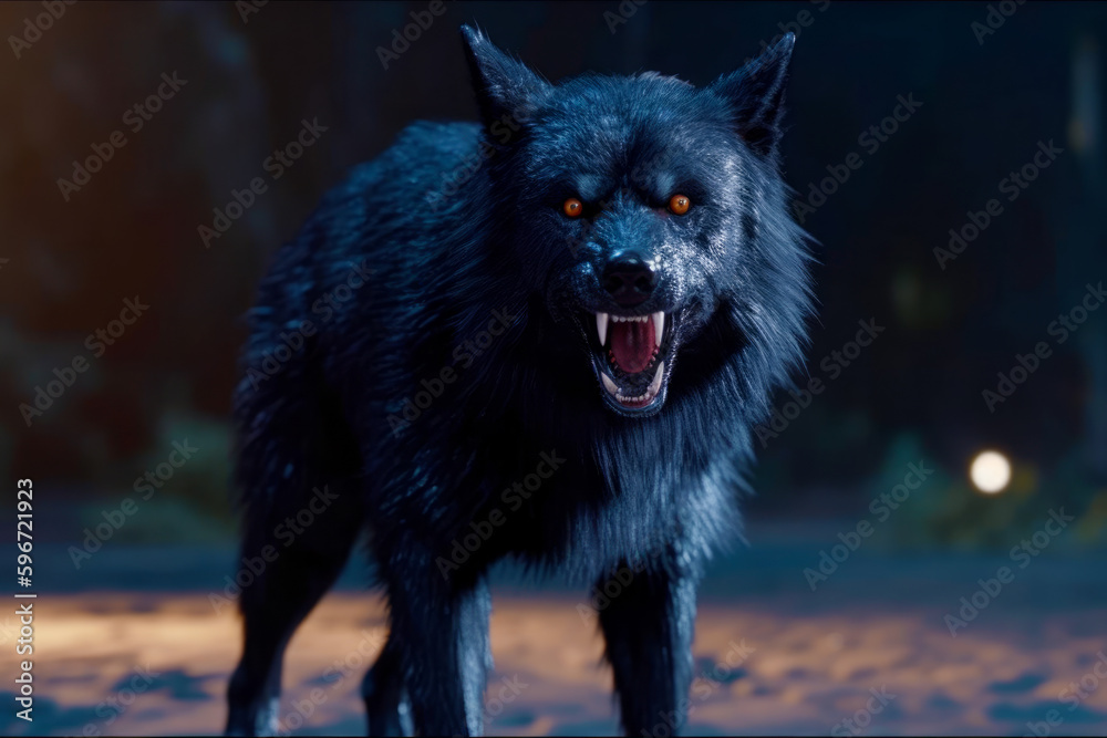 Close up of black wolf with its mouth open and it's mouth wide open. Generative AI.