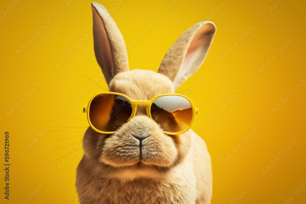 Close up of rabbit wearing sunglasses on yellow background with yellow background. Generative AI.