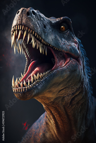 Close up of dinosaur's mouth with it's mouth open. Generative AI. © valentyn640