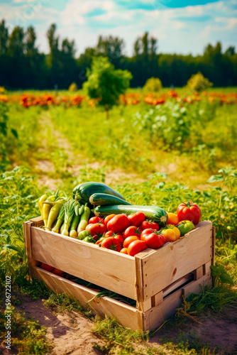 Wooden crate filled with lots of green and red tomatoes and cucumbers. Generative AI.