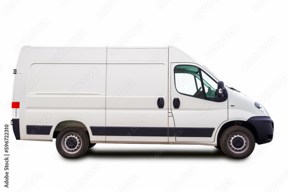 White van with black stripe on the side and white background. Generative AI.