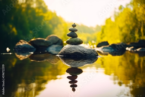 Stack of rocks sitting on top of lake next to forest. Generative AI.