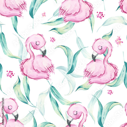 Seamless pattern with cute pink flamingos and leaves. Tropical print. Watercolor illustration for children. Girly print for fabric  clothing  kids room. Boho kids texture. Cute birds. Floral.