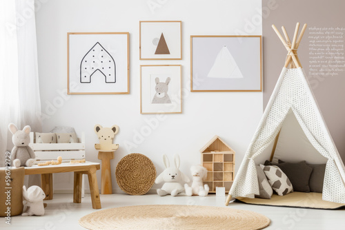 Child's room with teepee tent, toys and pictures on the wall. Generative AI. © valentyn640