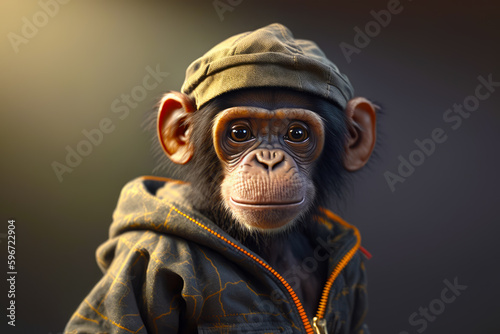 Monkey wearing hat and jacket with jacket on it's chest. Generative AI. © valentyn640