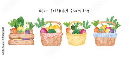 banner group of assorted vegetable watercolour in wooden vintage wicker basket, vector cartoon hand painted illustration isolated on white background.