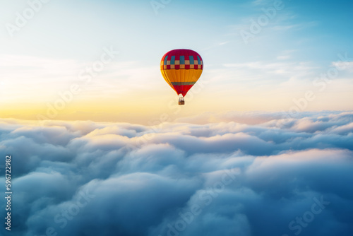 Hot air balloon flying high above the clouds in blue and yellow sky. Generative AI.