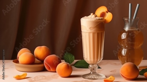 Apricot milkshake in a mug on the table with apricots. Summer delicious drink on a orange background. AI generated