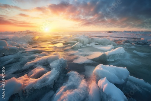 фотография Beautiful cold nothern winter landscape of arctic sea coast at colorful sunset