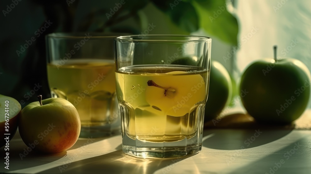 Apple juice in a mug on the table with apples. Summer delicious drink on a green background. AI generated Apple juice in a mug on the table with apples. Summer delicious drink on a green background. AI generated
