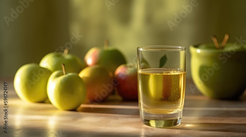 Apple juice in a mug on the table with apples. Summer delicious drink on a green background. AI generated