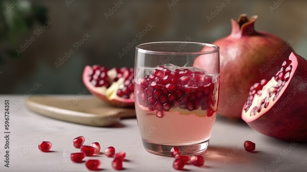 Pomegranate juice in a mug on the table with pomegranates. Summer delicious drink on a blurry background. AI generated Pomegranate juice in a mug on the table with pomegranates. Summer delicious drink on a blurry background. AI generated