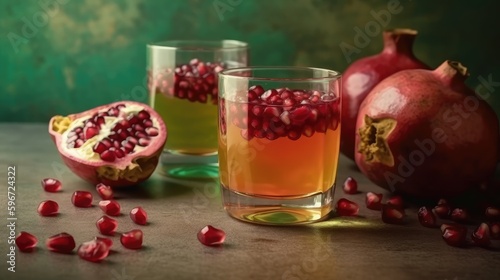 Pomegranate juice in a mug on the table with pomegranates. Summer delicious drink on a green background. AI generated