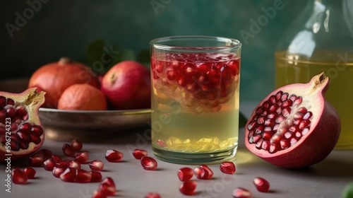 Pomegranate juice in a mug on the table with pomegranates. Summer delicious drink on a blurry background. AI generated