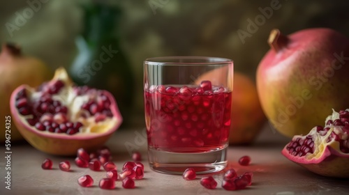 Pomegranate juice in a mug on the table with pomegranates. Summer delicious drink on a blurry background. AI generated