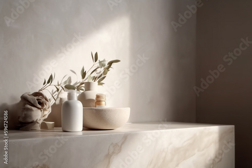Minimal marble stone counter with cosmetic beauty products  and leaf shadow on cement wall background. Generative AI