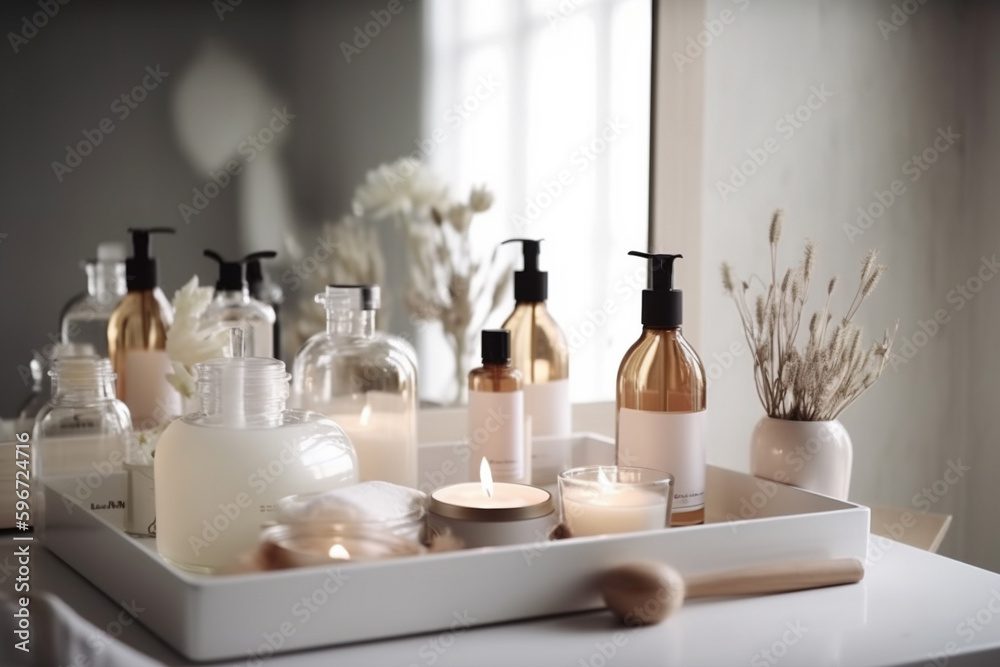 Cosmetic products for body care displayed in elegant soft light in a modern bathroom interior. Generative AI Cosmetic products for body care displayed in elegant soft light in a modern bathroom interior. Generative AI